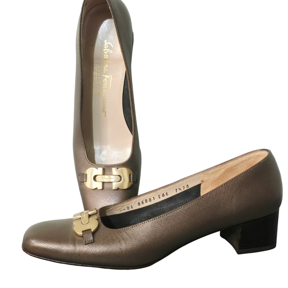 Salvatore Ferragamo Brown Metallic Gancini Block Heel Pumps 7.5 2A